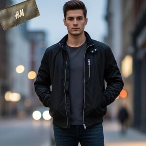 H&M Men's Black Smooth Bomber Jacket 40R Full Zip Pockets Stand Collar